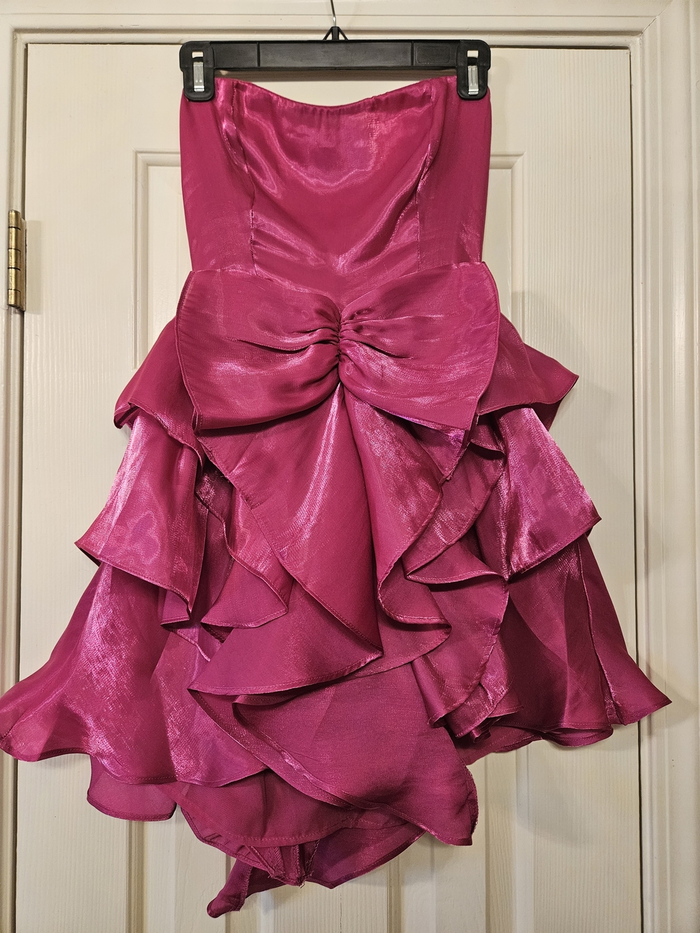 Storia Shimmering Fuchsia Strapless Ruffle Dress with Bow